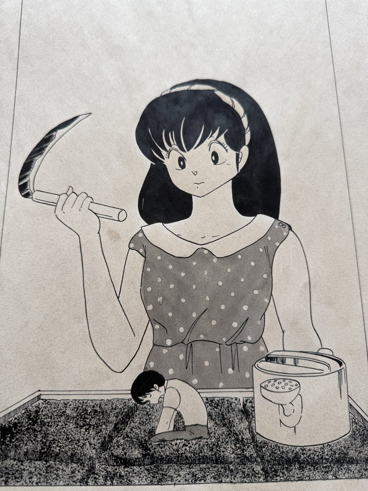 Character detail from Maison Ikkoku Scene | Hand-Drawn on Aged Paper