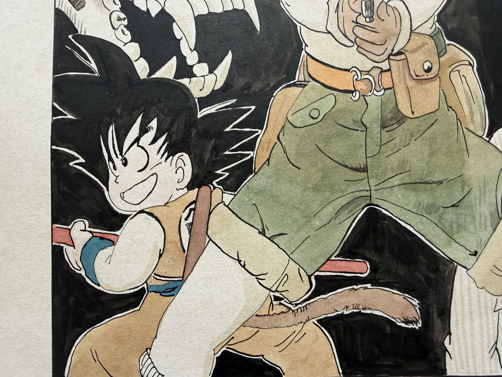 Character detail from Dragon Ball Scene | Hand-Drawn on Aged Paper