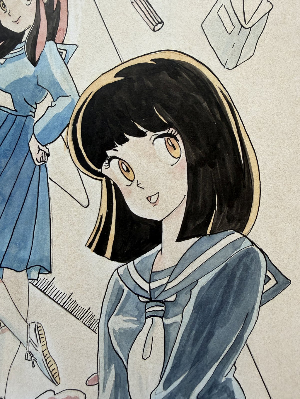 Character detail from Urusei Yatsura Scene | Hand-Drawn on Aged Paper