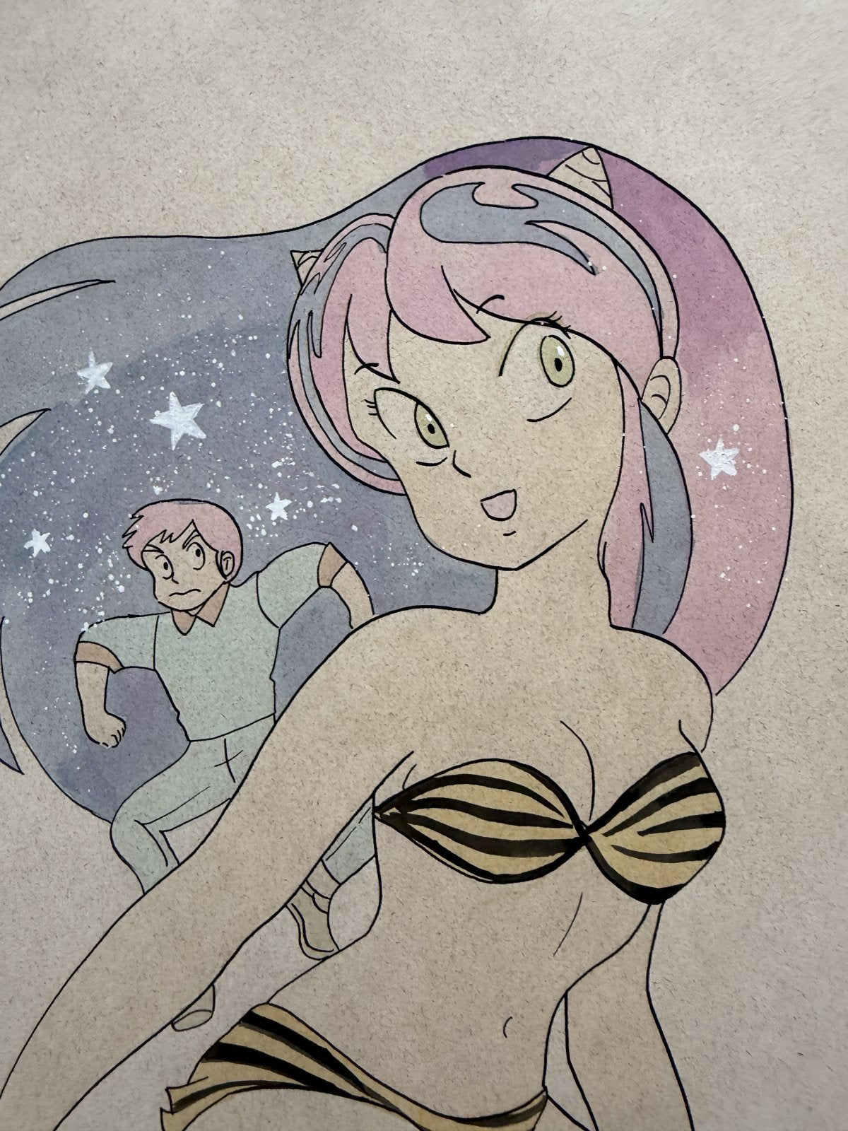 Character detail from Urusei Yatsura Scene | Hand-Drawn on Aged Paper