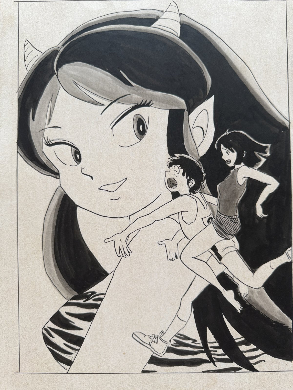 Close-up ink brushwork detail of Urusei Yatsura Scene | Showa Manuscript Study