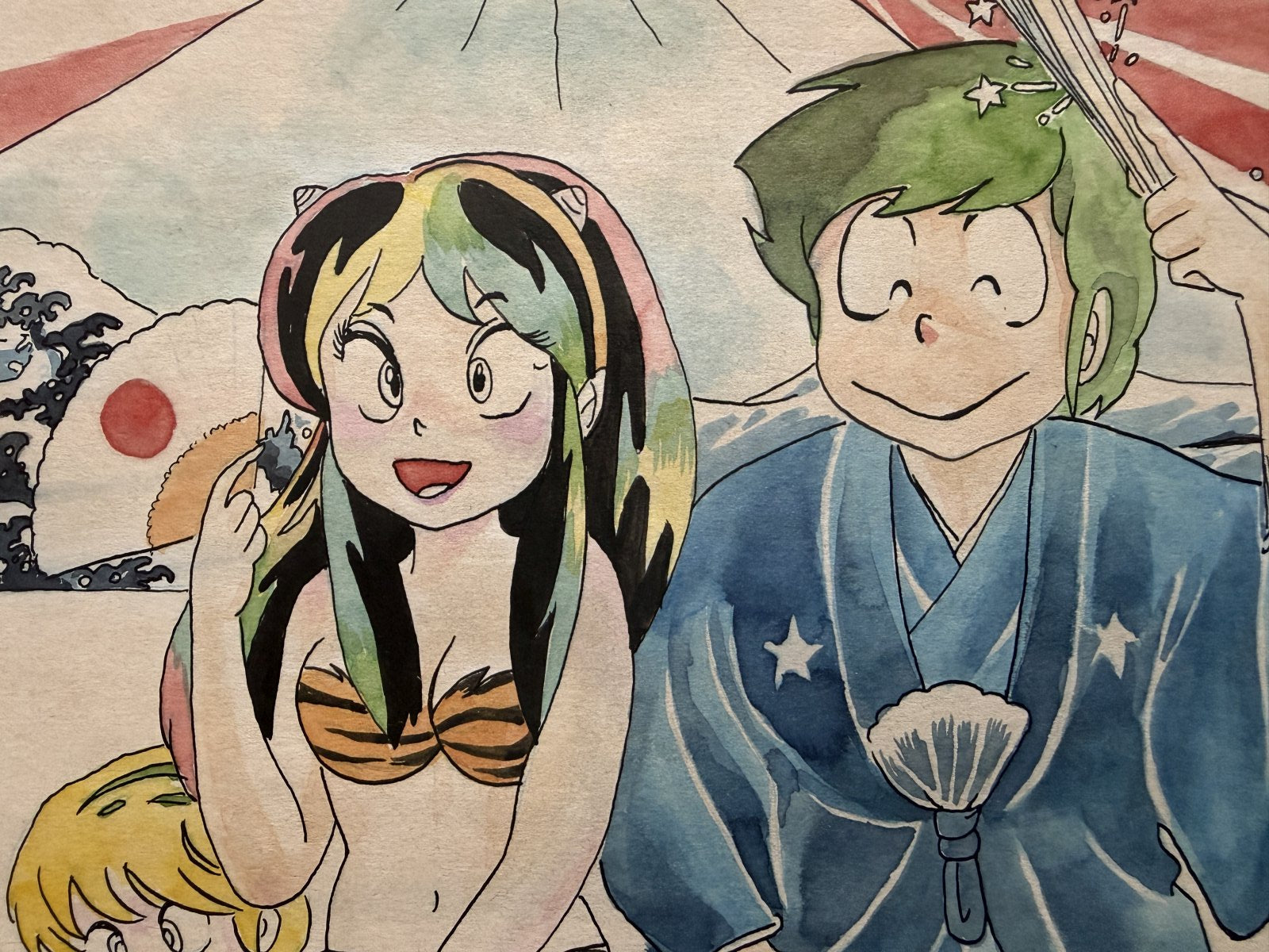 Character detail from Urusei Yatsura Scene | Hand-Drawn on Aged Paper