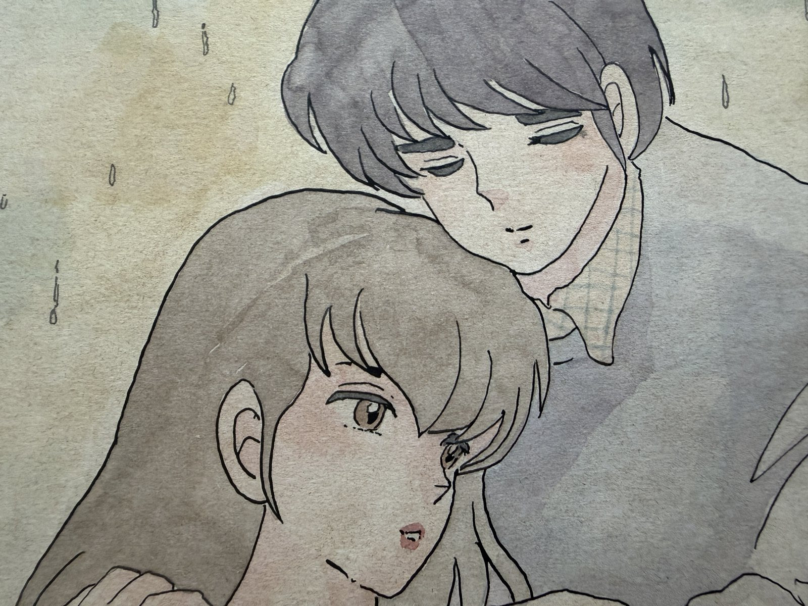 Character detail from Maison Ikkoku Scene | Hand-Drawn on Aged Paper