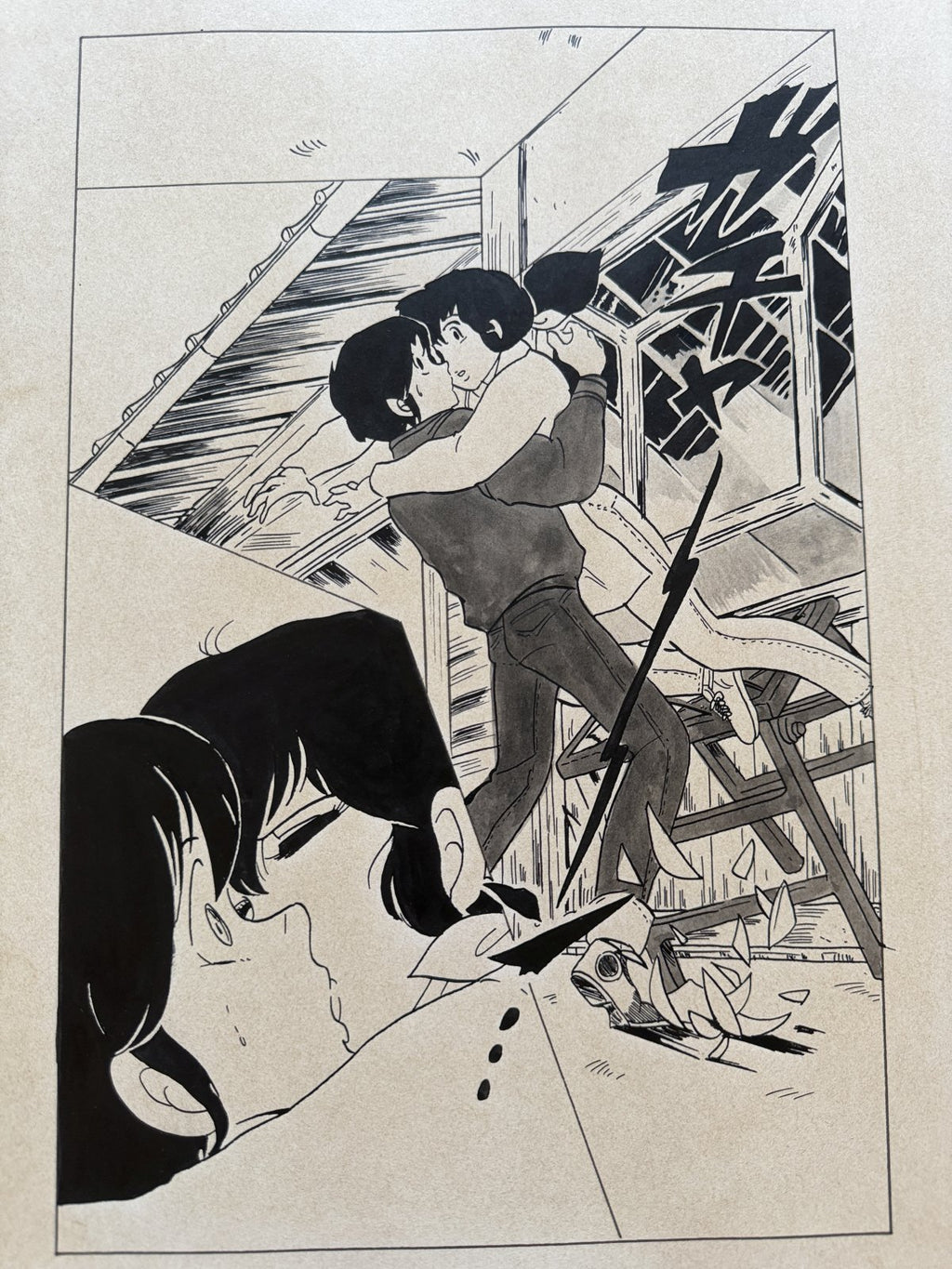 Close-up ink brushwork detail of Maison Ikkoku Scene | Showa Manuscript Study