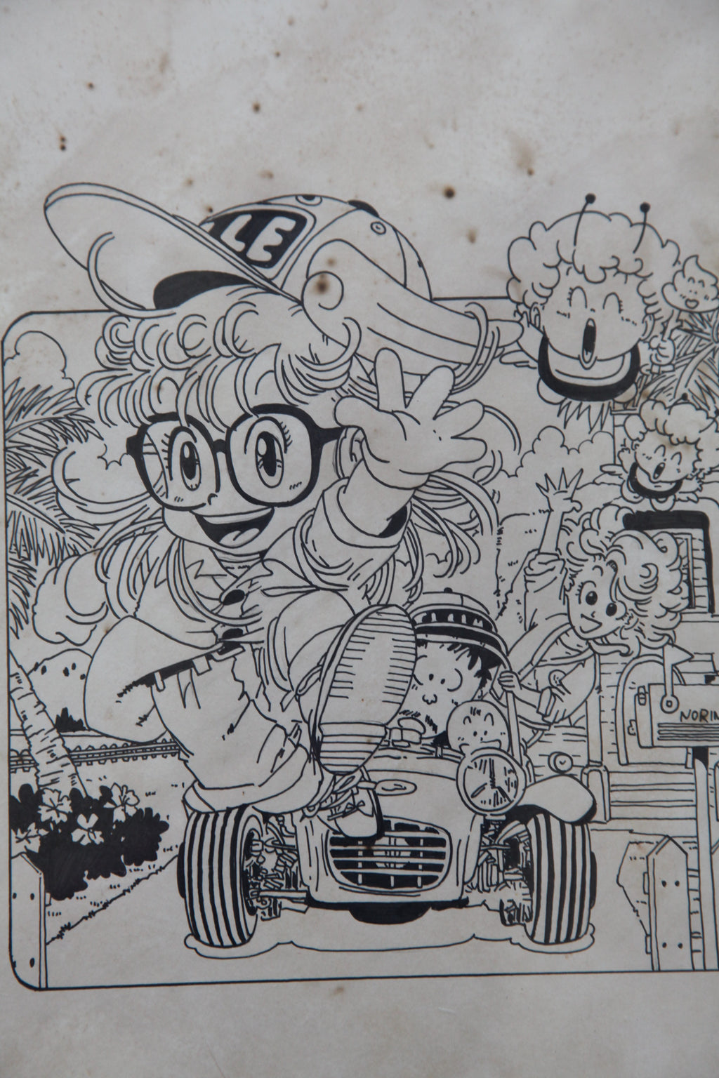 Close-up ink brushwork detail of Arale Norimaki Portrait Lum Alien Princess | Showa Manuscript Study