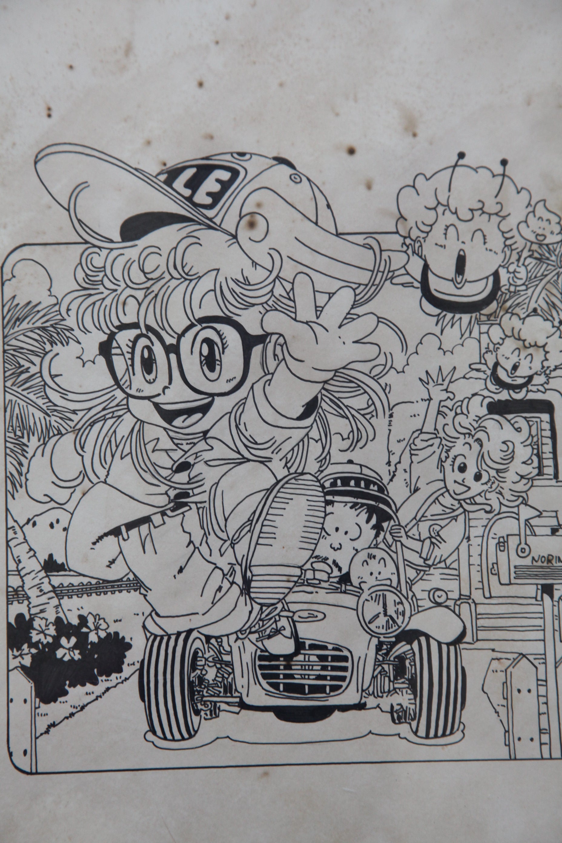 Close-up ink brushwork detail of Arale Norimaki Portrait Lum Alien Princess | Showa Manuscript Study