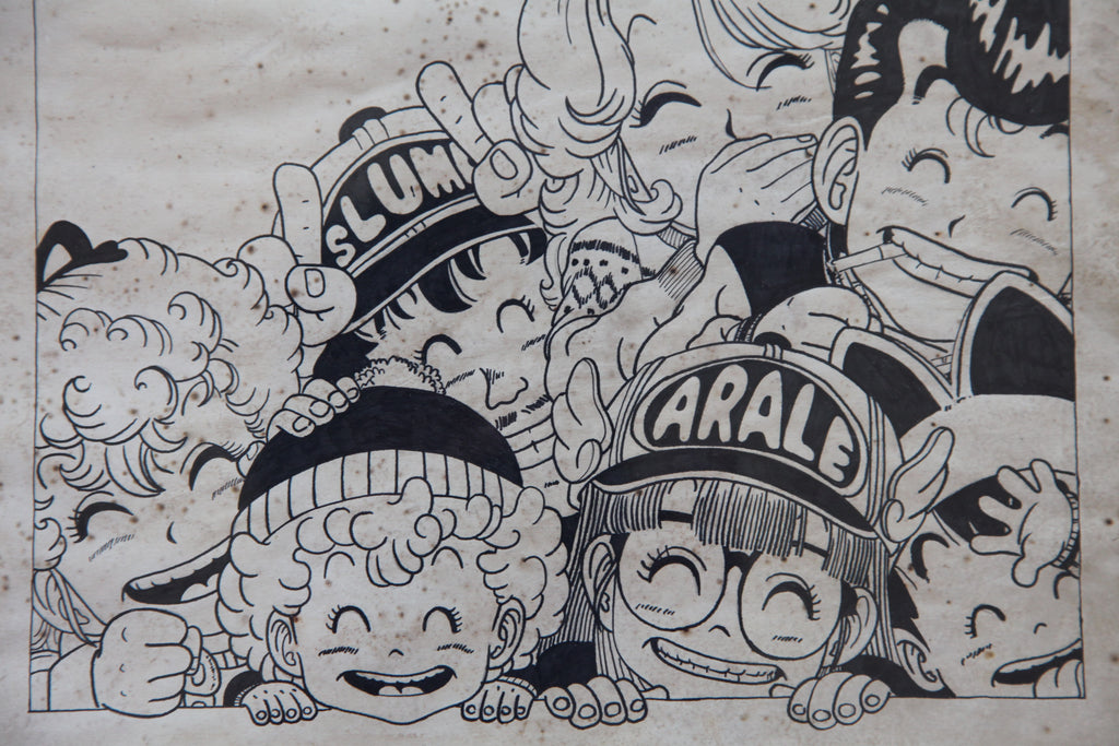 Close-up ink brushwork detail of Arale Norimaki Portrait Lum Alien Princess | Showa Manuscript Study