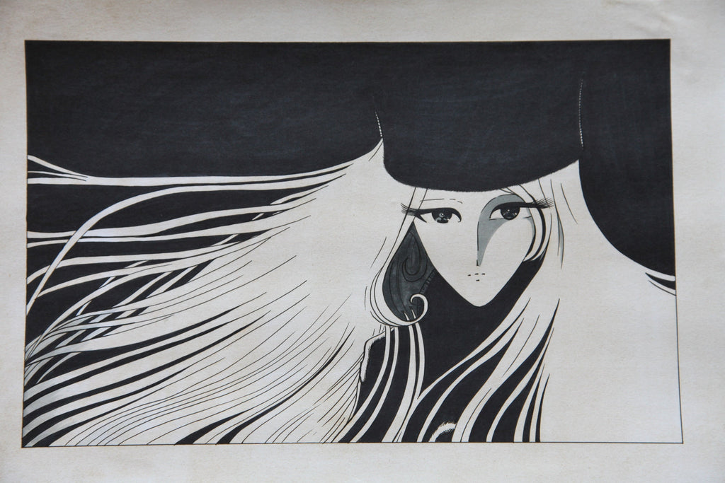 Close up ink line work Maetel face Leiji Matsumoto style manga art