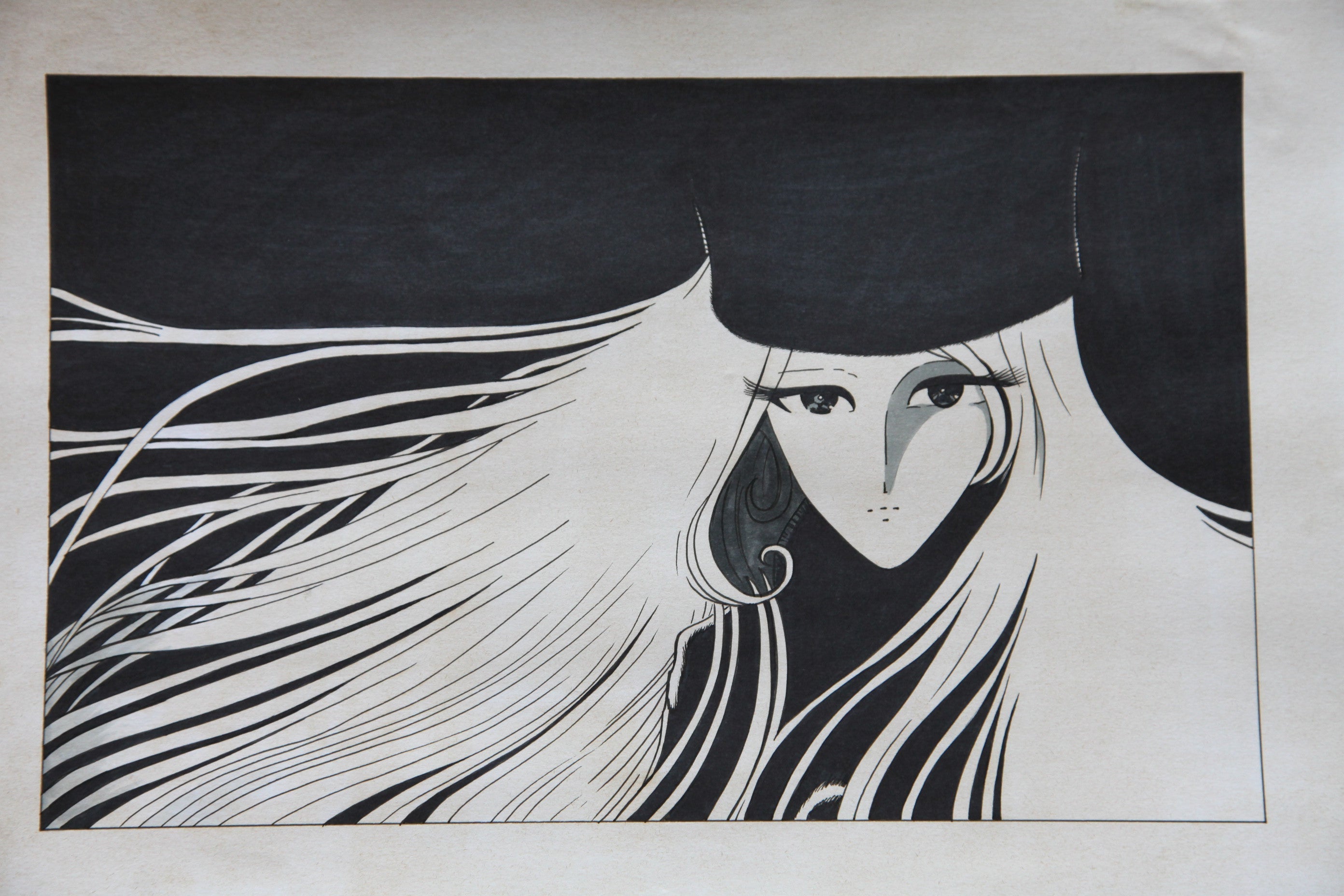 Close up ink line work Maetel face Leiji Matsumoto style manga art