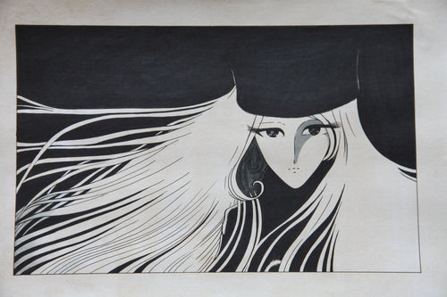 Close up ink line work Maetel face Leiji Matsumoto style manga art
