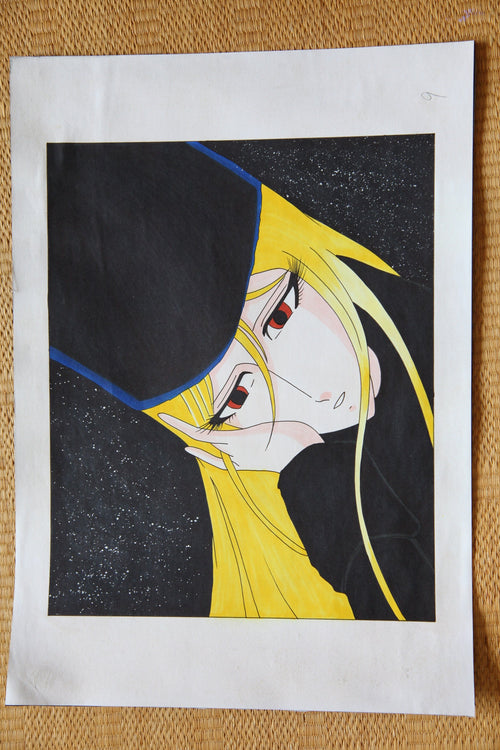 Vintage manga reproduction panel Maetel portrait starfield space train background