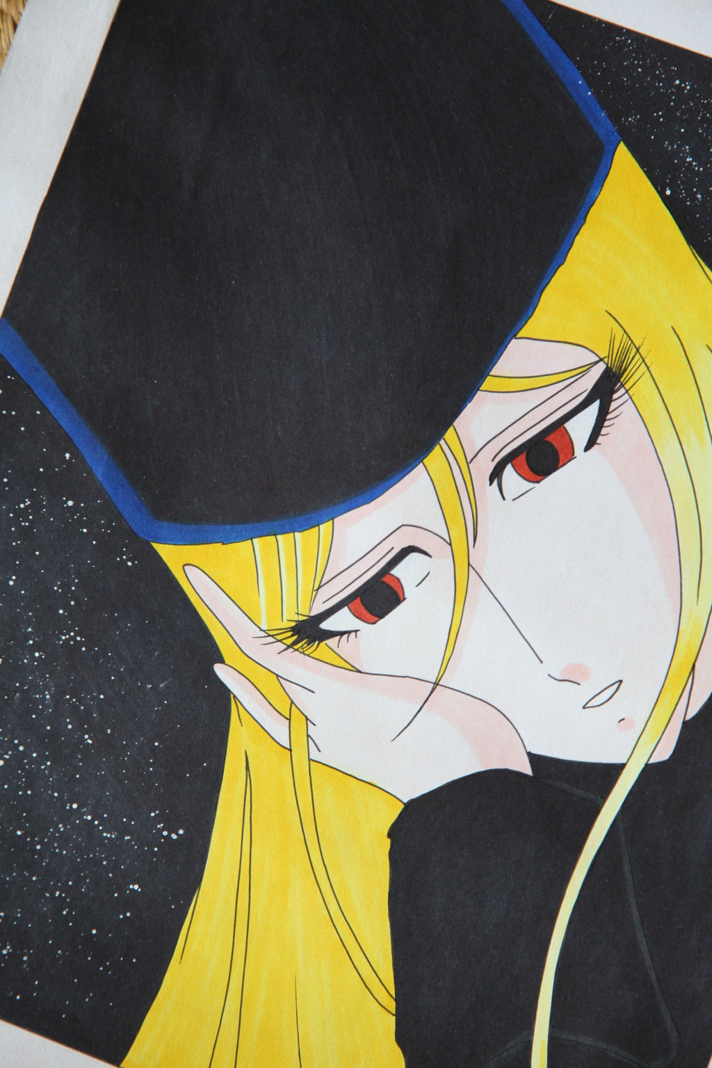 Close up Maetel mysterious smile ink illustration Leiji Matsumoto style