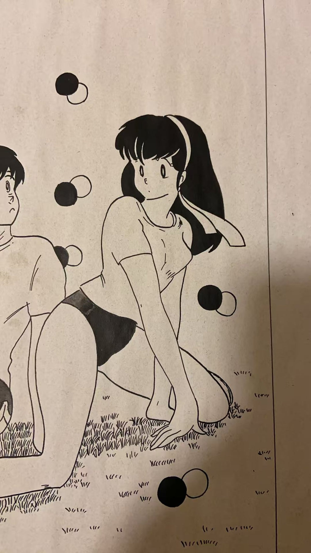 Character detail from Maison Ikkoku Scene | Hand-Drawn on Aged Paper